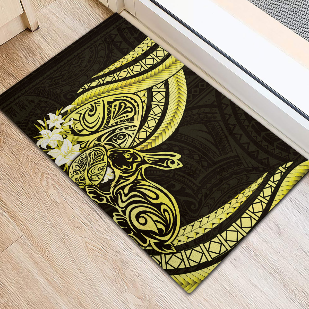 Yellow Polynesia Easter Day Rubber Doormat Eggs With Bunny Polynesian Pattern