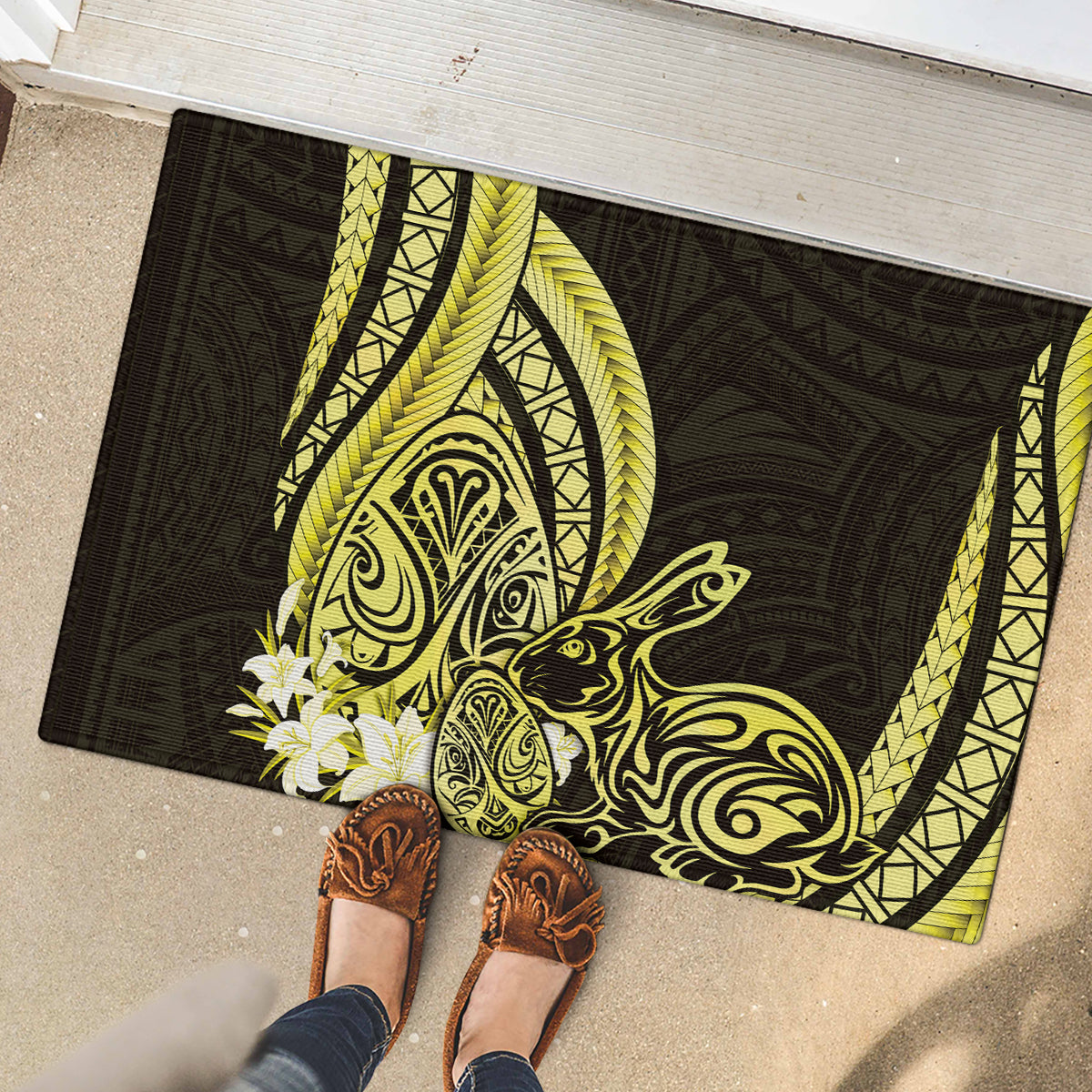 Yellow Polynesia Easter Day Rubber Doormat Eggs With Bunny Polynesian Pattern