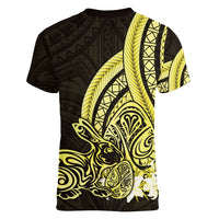Yellow Polynesia Easter Day Women V Neck T Shirt Eggs With Bunny Polynesian Pattern