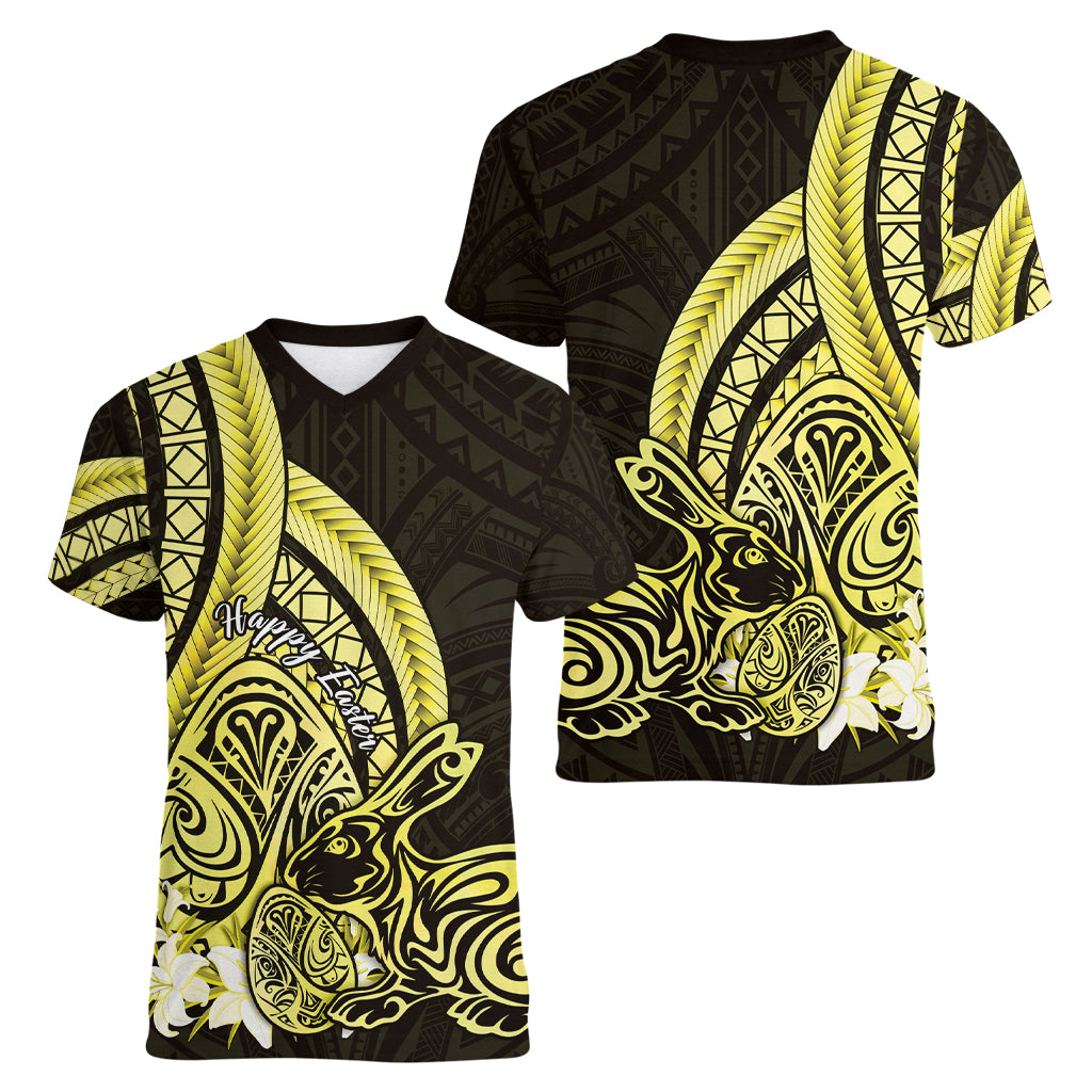 Yellow Polynesia Easter Day Women V Neck T Shirt Eggs With Bunny Polynesian Pattern