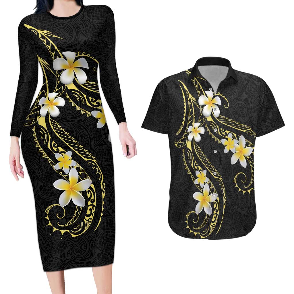 Polynesia Tattoo With Plumeria Couples Matching Long Sleeve Bodycon Dress and Hawaiian Shirt Elegant Vibes