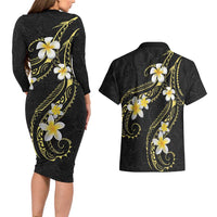 Polynesia Tattoo With Plumeria Couples Matching Long Sleeve Bodycon Dress and Hawaiian Shirt Elegant Vibes