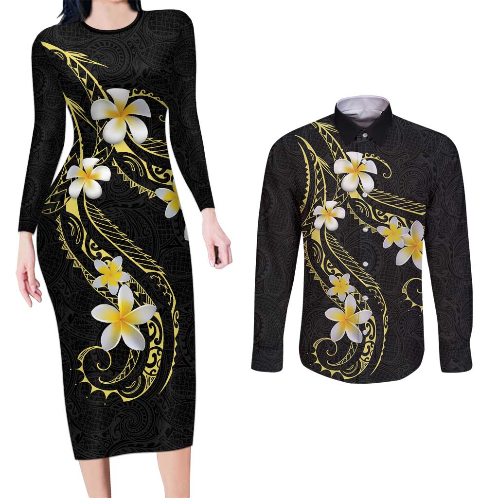 Polynesia Tattoo With Plumeria Couples Matching Long Sleeve Bodycon Dress and Long Sleeve Button Shirt Elegant Vibes