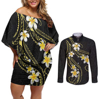 Polynesia Tattoo With Plumeria Couples Matching Off Shoulder Short Dress and Long Sleeve Button Shirt Elegant Vibes