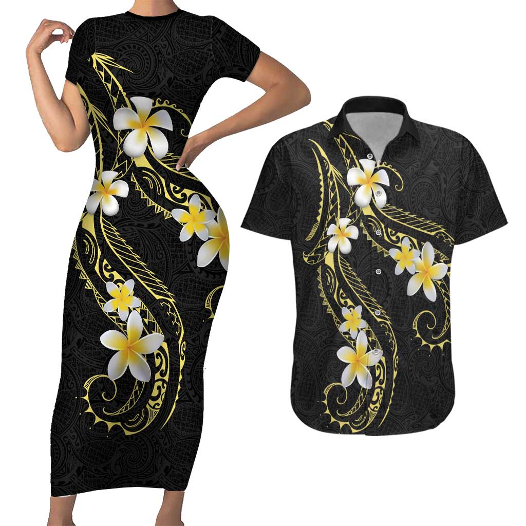 Polynesia Tattoo With Plumeria Couples Matching Short Sleeve Bodycon Dress and Hawaiian Shirt Elegant Vibes