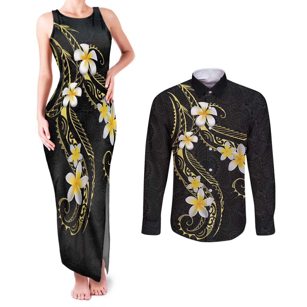 Polynesia Tattoo With Plumeria Couples Matching Tank Maxi Dress and Long Sleeve Button Shirt Elegant Vibes