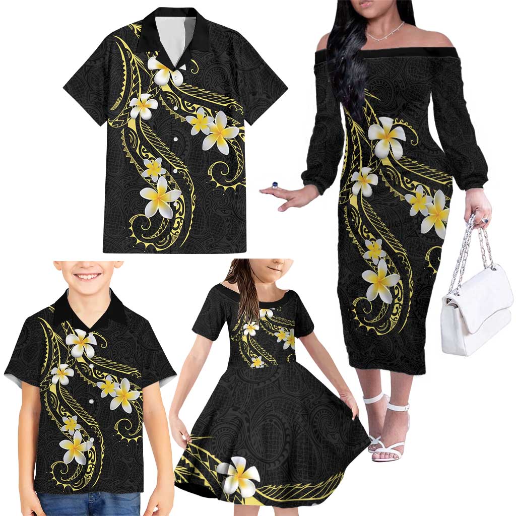 Polynesia Tattoo With Plumeria Family Matching Off The Shoulder Long Sleeve Dress and Hawaiian Shirt Elegant Vibes