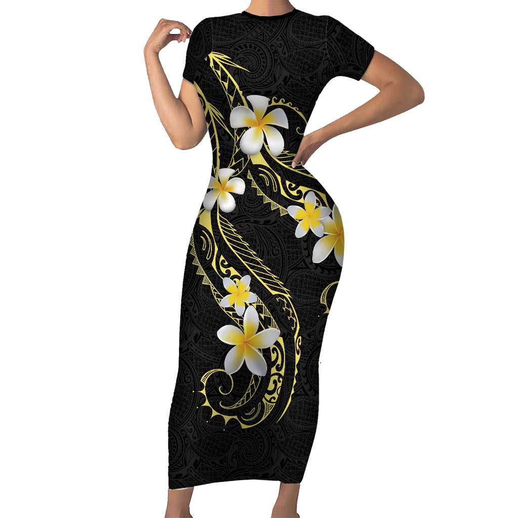 Polynesia Tattoo With Plumeria Short Sleeve Bodycon Dress Elegant Vibes LT14 Long Dress Black - Polynesian Pride