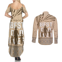 Tonga Father's Day Couples Matching Summer Maxi Dress and Long Sleeve Button Shirt Best Dad Ever Tongan Ngatu Pattern - Beige