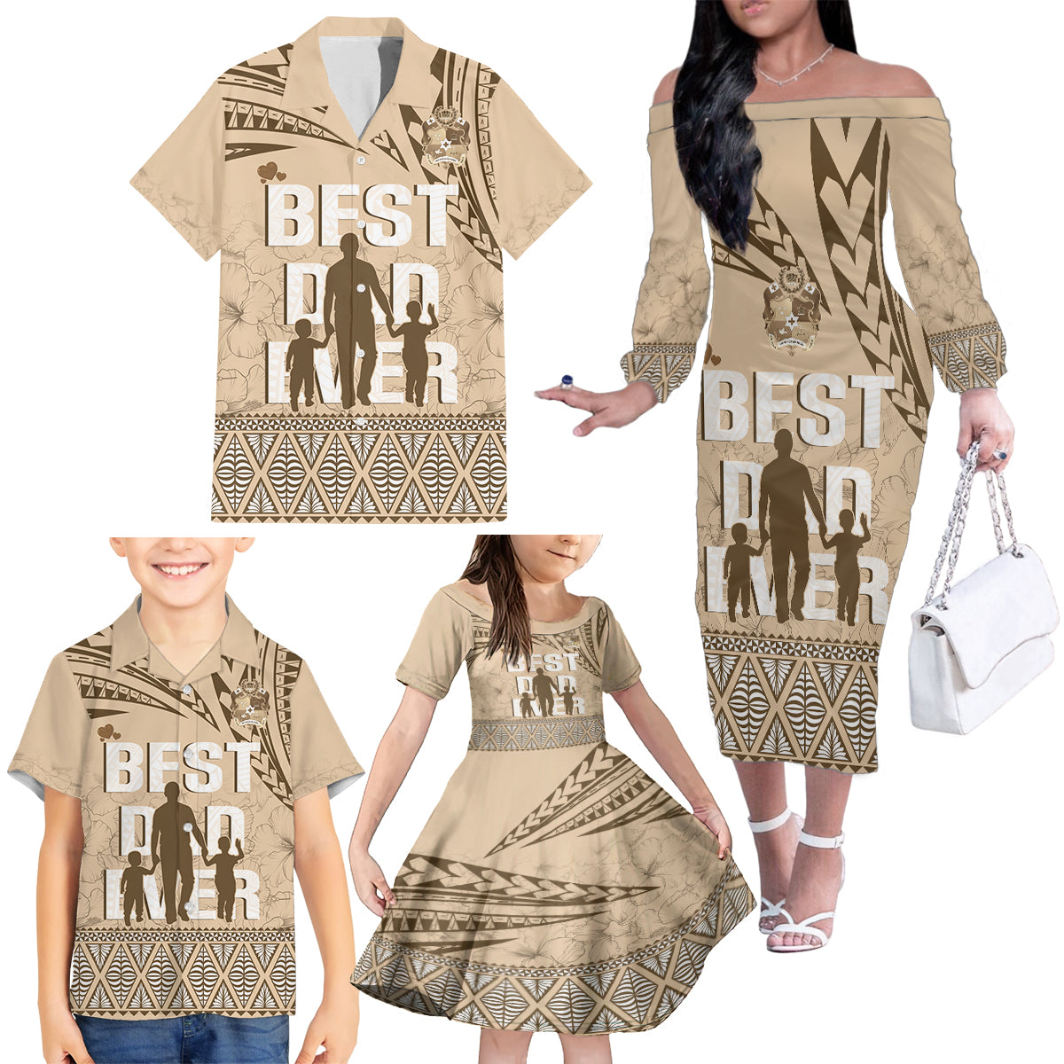 Tonga Father's Day Family Matching Off The Shoulder Long Sleeve Dress and Hawaiian Shirt Best Dad Ever Tongan Ngatu Pattern - Beige LT14 - Polynesian Pride
