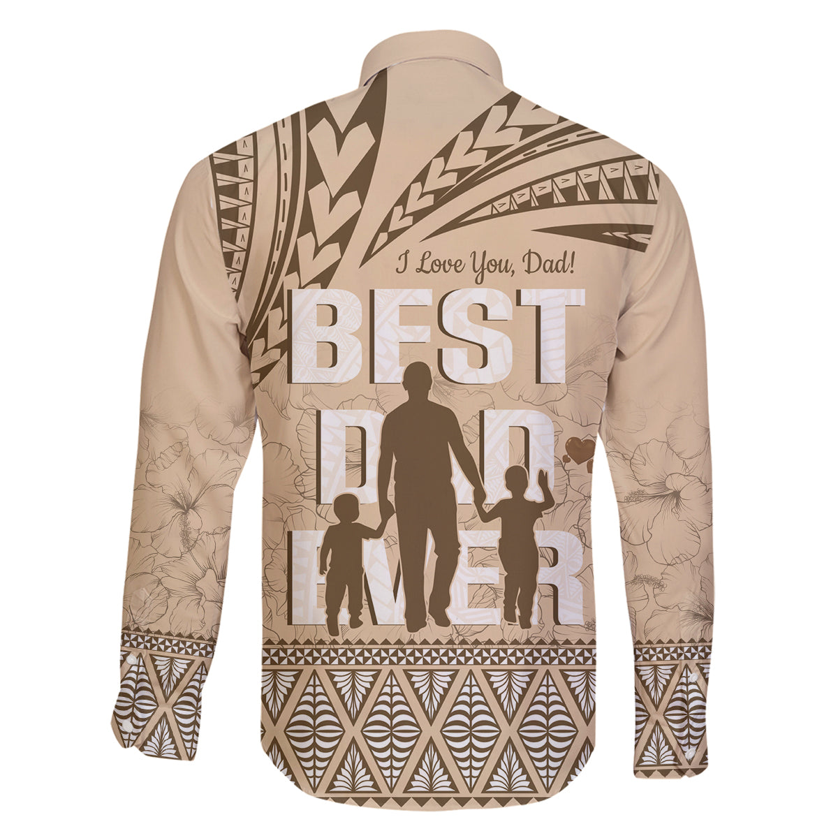 Tonga Father's Day Family Matching Off The Shoulder Long Sleeve Dress and Hawaiian Shirt Best Dad Ever Tongan Ngatu Pattern - Beige LT14 - Polynesian Pride