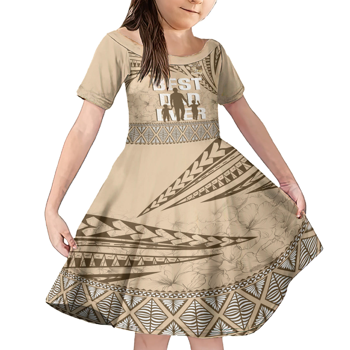 Tonga Father's Day Family Matching Short Sleeve Bodycon Dress and Hawaiian Shirt Best Dad Ever Tongan Ngatu Pattern - Beige LT14 Daughter's Dress Beige - Polynesian Pride