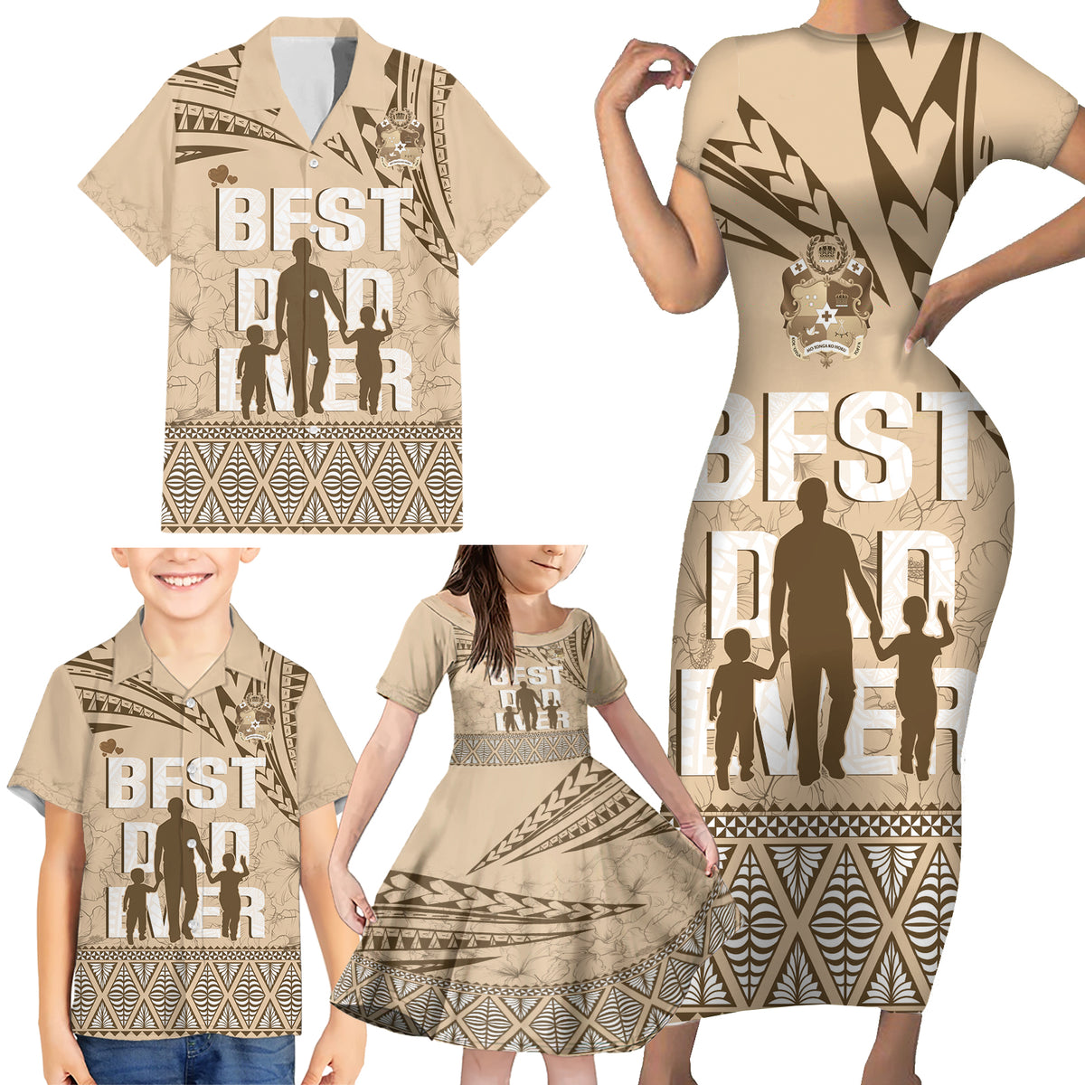 Tonga Father's Day Family Matching Short Sleeve Bodycon Dress and Hawaiian Shirt Best Dad Ever Tongan Ngatu Pattern - Beige LT14 - Polynesian Pride