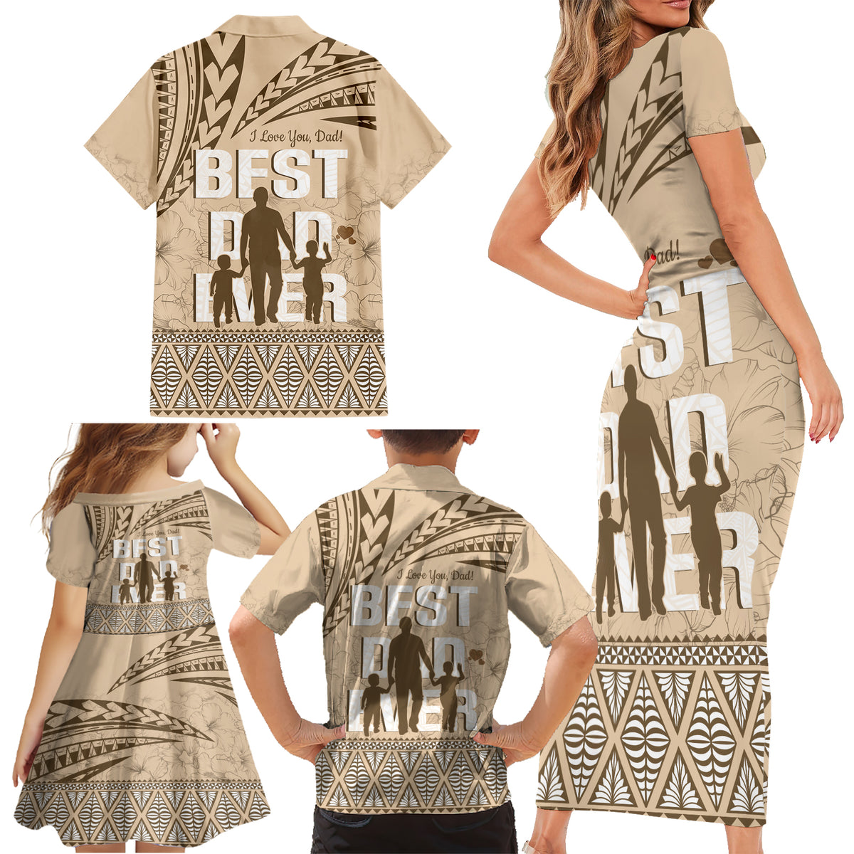 Tonga Father's Day Family Matching Short Sleeve Bodycon Dress and Hawaiian Shirt Best Dad Ever Tongan Ngatu Pattern - Beige LT14 - Polynesian Pride
