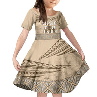 Tonga Father's Day Family Matching Tank Maxi Dress and Hawaiian Shirt Best Dad Ever Tongan Ngatu Pattern - Beige LT14 Daughter's Dress Beige - Polynesian Pride