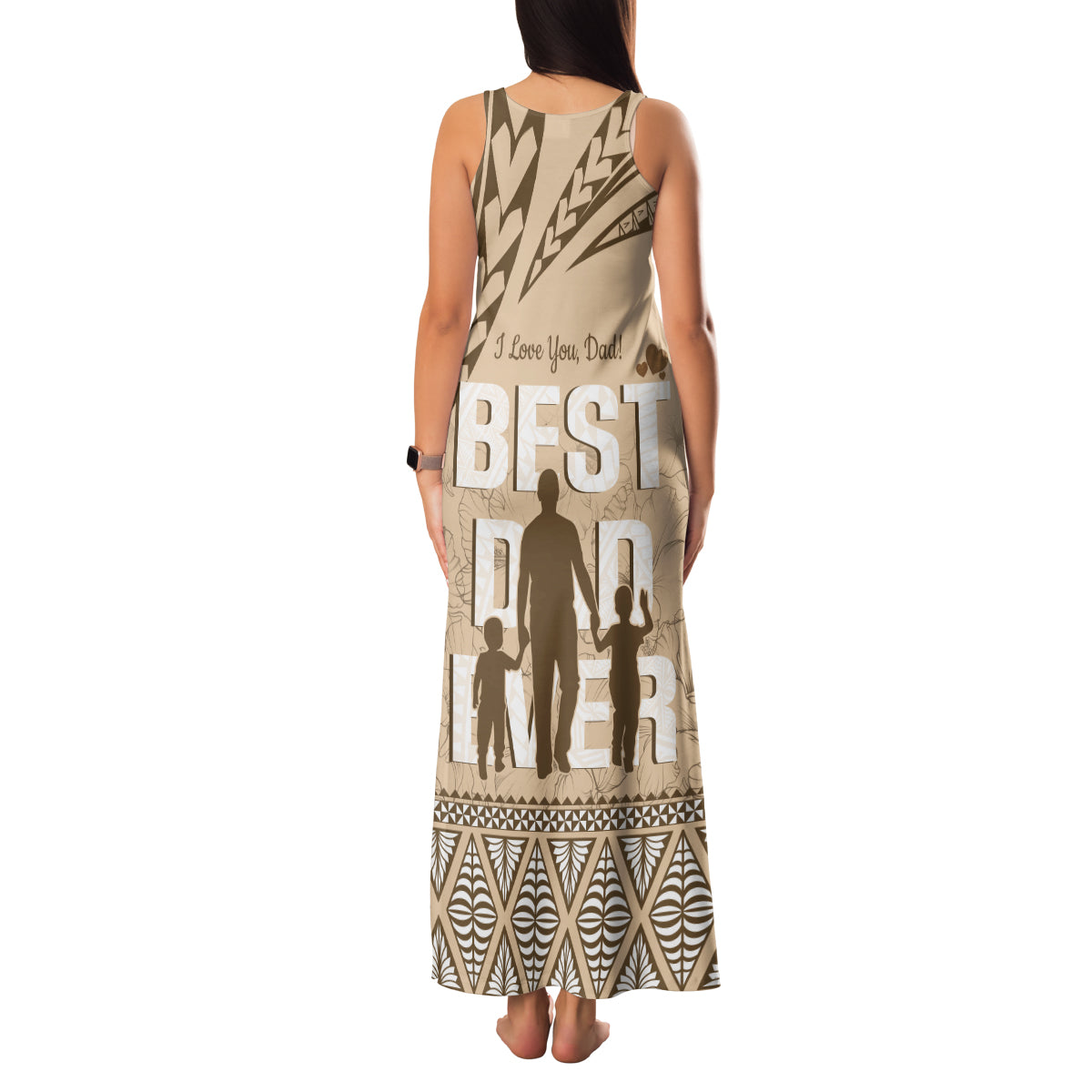 Tonga Father's Day Family Matching Tank Maxi Dress and Hawaiian Shirt Best Dad Ever Tongan Ngatu Pattern - Beige LT14 - Polynesian Pride