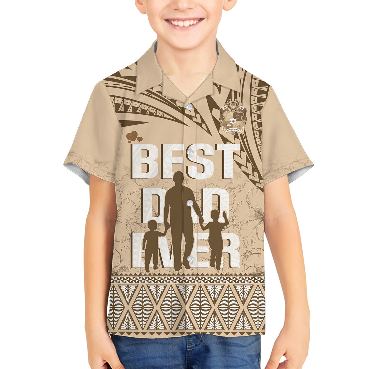 Tonga Father's Day Family Matching Tank Maxi Dress and Hawaiian Shirt Best Dad Ever Tongan Ngatu Pattern - Beige LT14 Son's Shirt Beige - Polynesian Pride