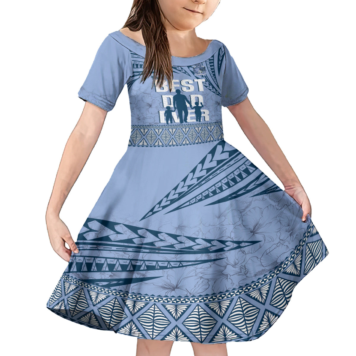 Tonga Father's Day Family Matching Long Sleeve Bodycon Dress and Hawaiian Shirt Best Dad Ever Tongan Ngatu Pattern - Blue LT14 Daughter's Dress Blue - Polynesian Pride