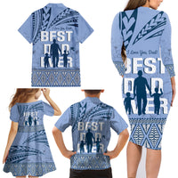 Tonga Father's Day Family Matching Long Sleeve Bodycon Dress and Hawaiian Shirt Best Dad Ever Tongan Ngatu Pattern - Blue LT14 - Polynesian Pride