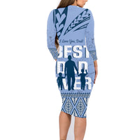Tonga Father's Day Family Matching Long Sleeve Bodycon Dress and Hawaiian Shirt Best Dad Ever Tongan Ngatu Pattern - Blue LT14 - Polynesian Pride
