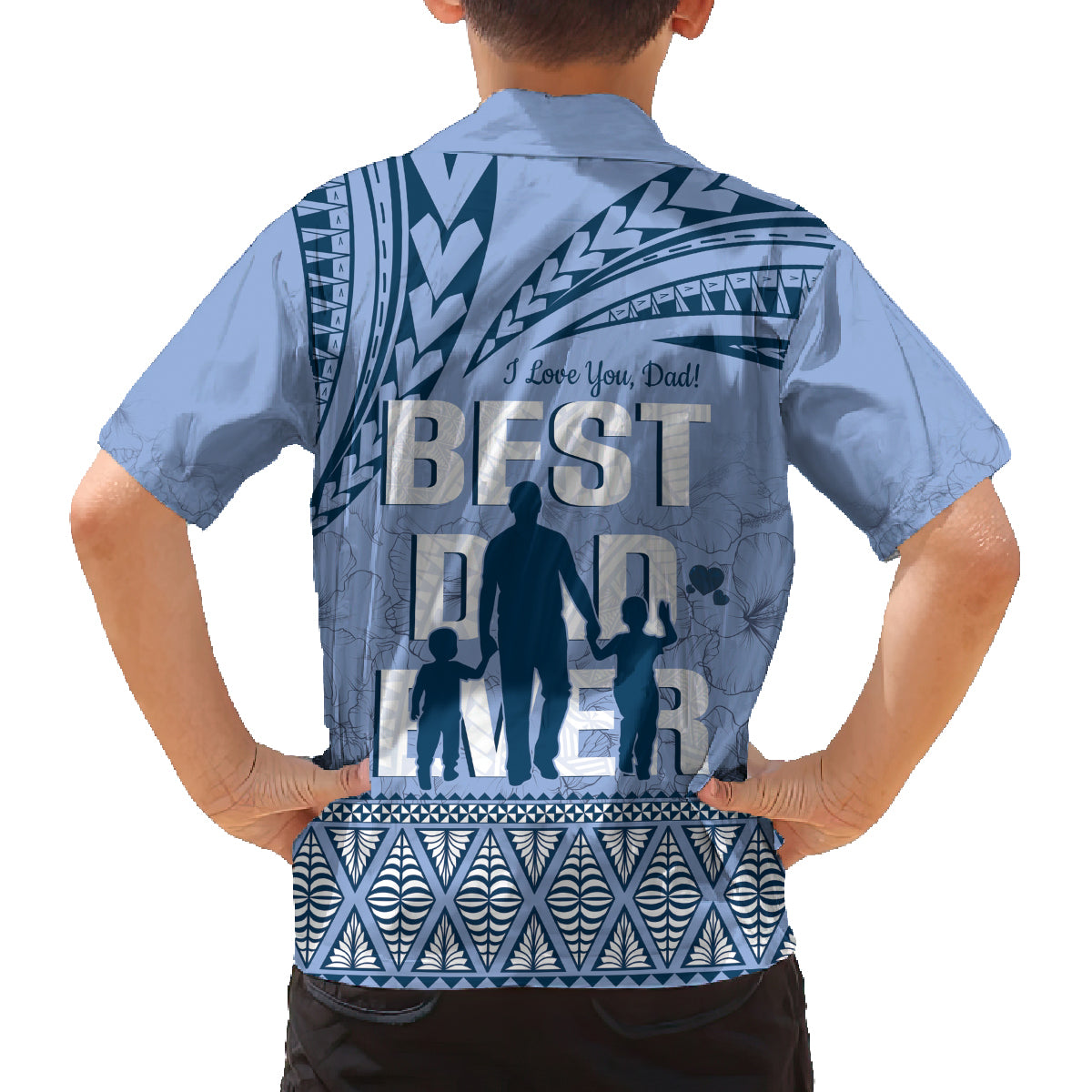 Tonga Father's Day Family Matching Off The Shoulder Long Sleeve Dress and Hawaiian Shirt Best Dad Ever Tongan Ngatu Pattern - Blue LT14 - Polynesian Pride