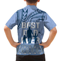 Tonga Father's Day Family Matching Off The Shoulder Long Sleeve Dress and Hawaiian Shirt Best Dad Ever Tongan Ngatu Pattern - Blue LT14 - Polynesian Pride