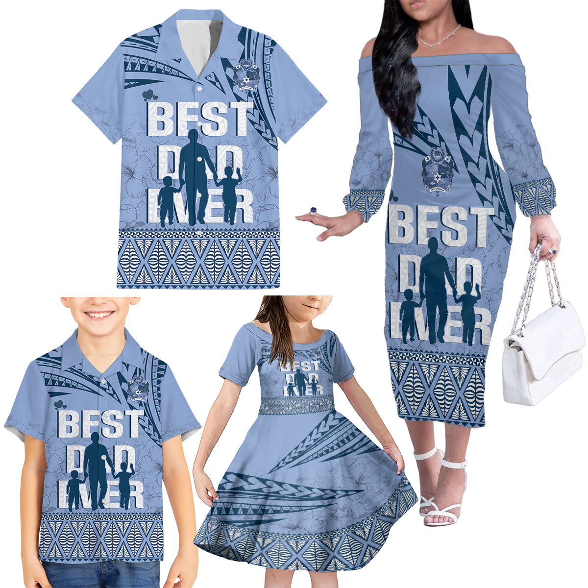 Tonga Father's Day Family Matching Off The Shoulder Long Sleeve Dress and Hawaiian Shirt Best Dad Ever Tongan Ngatu Pattern - Blue LT14 - Polynesian Pride