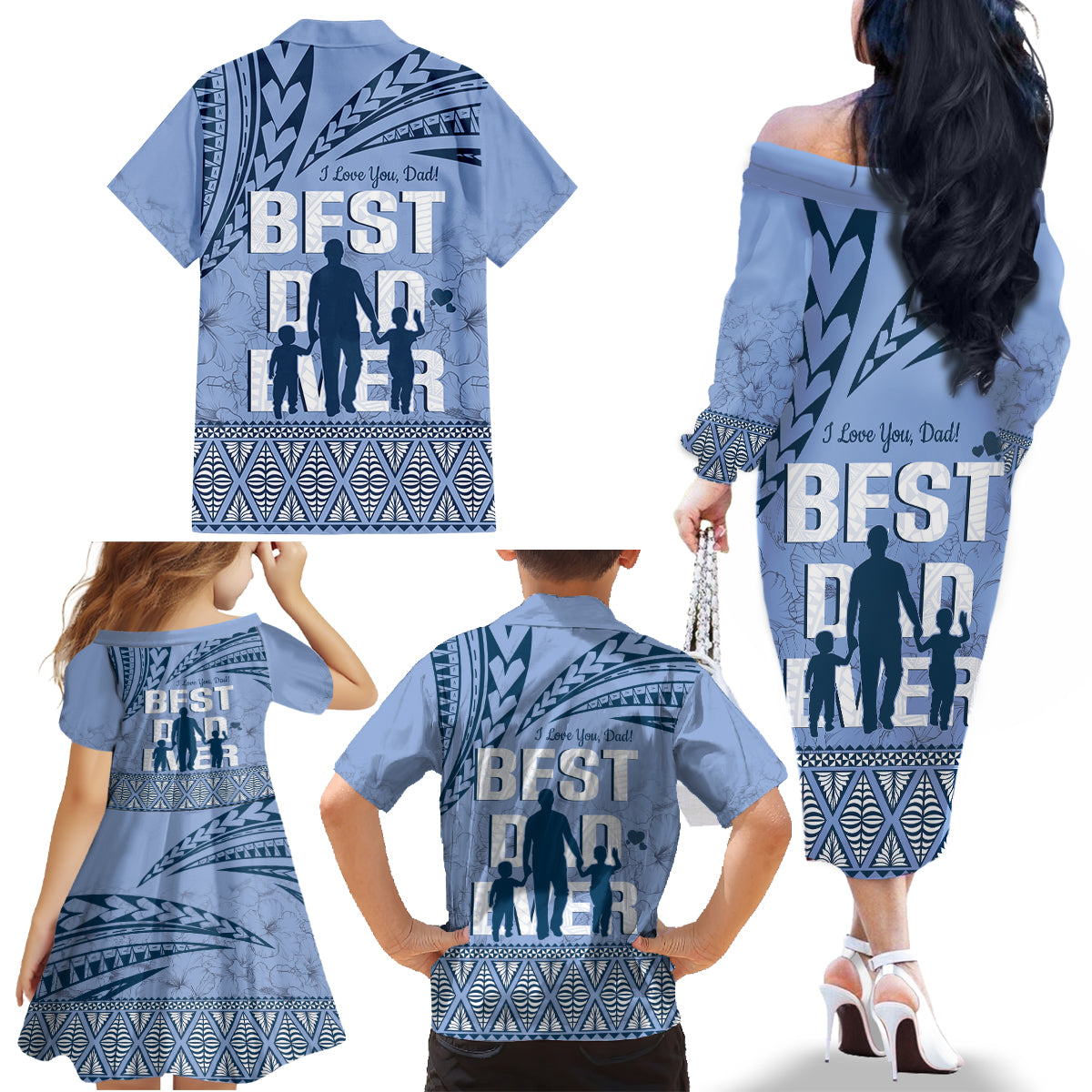 Tonga Father's Day Family Matching Off The Shoulder Long Sleeve Dress and Hawaiian Shirt Best Dad Ever Tongan Ngatu Pattern - Blue LT14 - Polynesian Pride