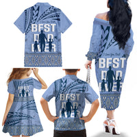 Tonga Father's Day Family Matching Off The Shoulder Long Sleeve Dress and Hawaiian Shirt Best Dad Ever Tongan Ngatu Pattern - Blue LT14 - Polynesian Pride