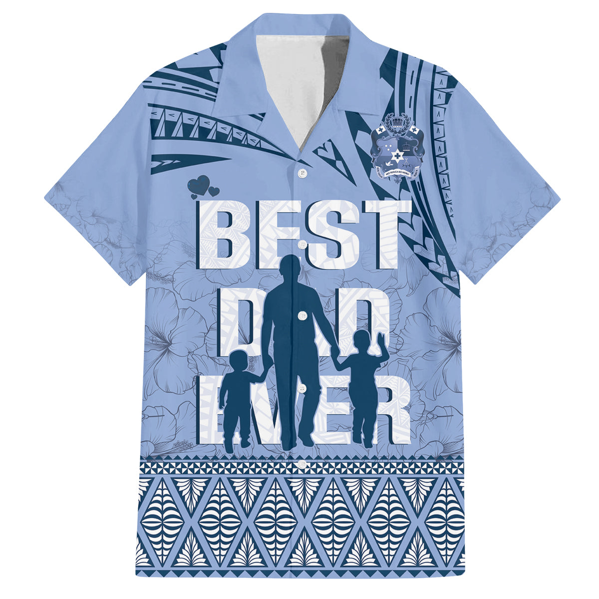 Tonga Father's Day Family Matching Off The Shoulder Long Sleeve Dress and Hawaiian Shirt Best Dad Ever Tongan Ngatu Pattern - Blue LT14 Dad's Shirt - Short Sleeve Blue - Polynesian Pride