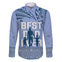 Tonga Father's Day Family Matching Off The Shoulder Long Sleeve Dress and Hawaiian Shirt Best Dad Ever Tongan Ngatu Pattern - Blue LT14 Dad's Shirt - Long Sleeve Blue - Polynesian Pride