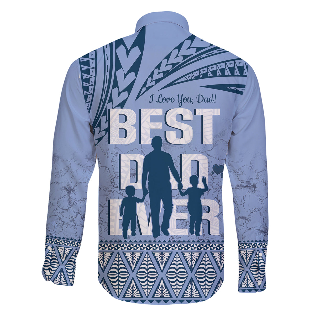 Tonga Father's Day Family Matching Off The Shoulder Long Sleeve Dress and Hawaiian Shirt Best Dad Ever Tongan Ngatu Pattern - Blue LT14 - Polynesian Pride