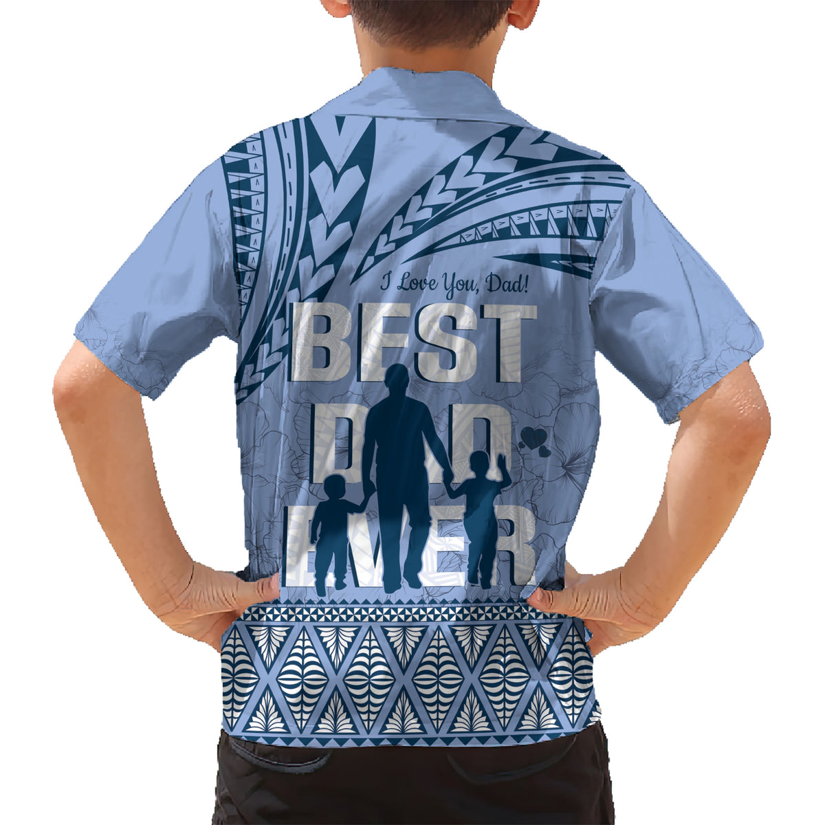Tonga Father's Day Family Matching Short Sleeve Bodycon Dress and Hawaiian Shirt Best Dad Ever Tongan Ngatu Pattern - Blue LT14 - Polynesian Pride