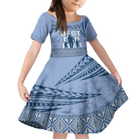 Tonga Father's Day Family Matching Short Sleeve Bodycon Dress and Hawaiian Shirt Best Dad Ever Tongan Ngatu Pattern - Blue LT14 Daughter's Dress Blue - Polynesian Pride