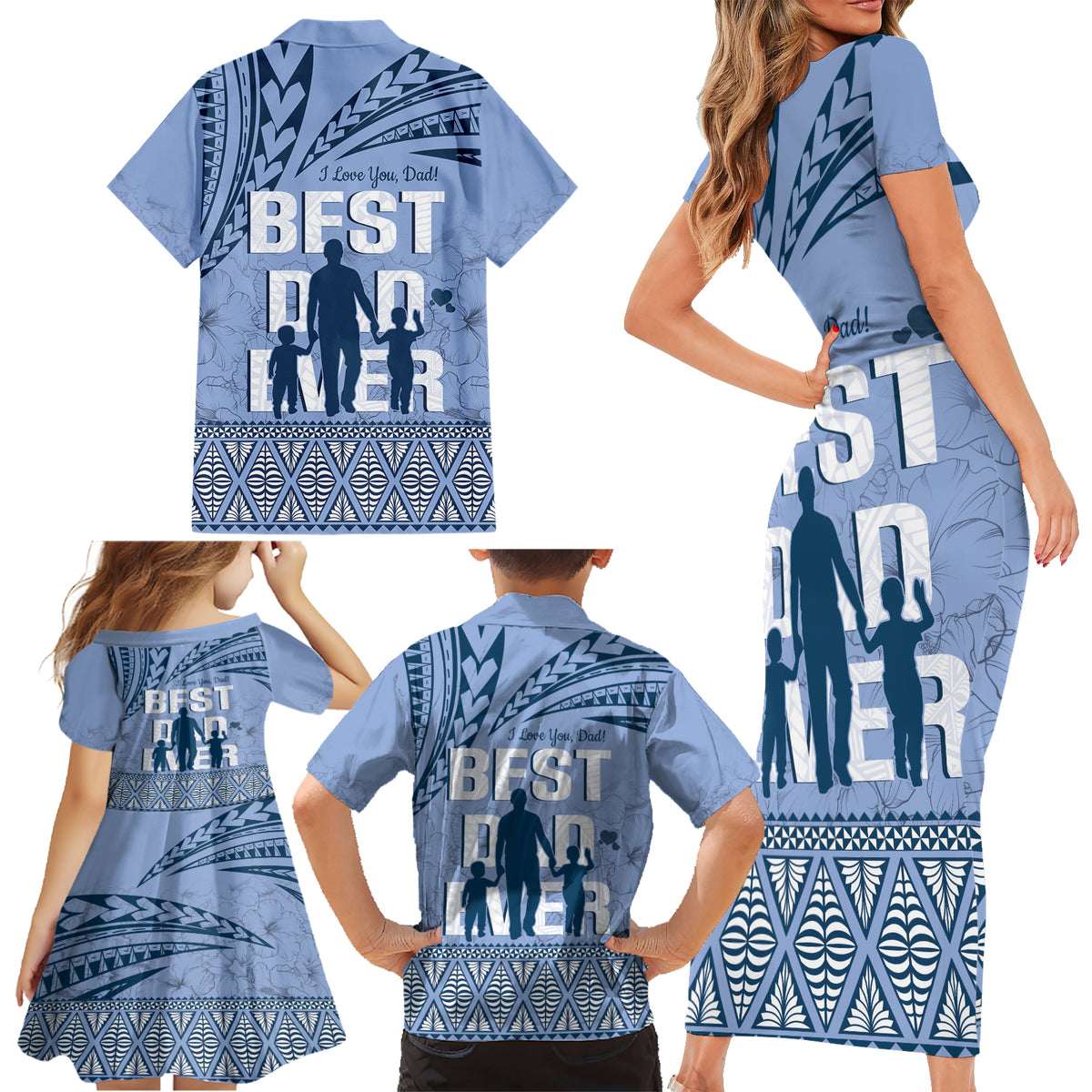 Tonga Father's Day Family Matching Short Sleeve Bodycon Dress and Hawaiian Shirt Best Dad Ever Tongan Ngatu Pattern - Blue LT14 - Polynesian Pride