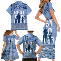 Tonga Father's Day Family Matching Short Sleeve Bodycon Dress and Hawaiian Shirt Best Dad Ever Tongan Ngatu Pattern - Blue LT14 - Polynesian Pride