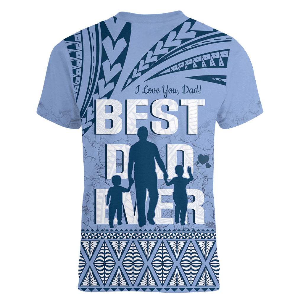 Tonga Father's Day Women V-Neck T-Shirt Best Dad Ever Tongan Ngatu Pattern - Blue