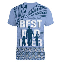 Tonga Father's Day Women V-Neck T-Shirt Best Dad Ever Tongan Ngatu Pattern - Blue