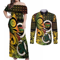 Vanuatu 1980 Couples Matching Off Shoulder Maxi Dress and Long Sleeve Button Shirt Ni-Van Tamtam Sand Drawing Pattern