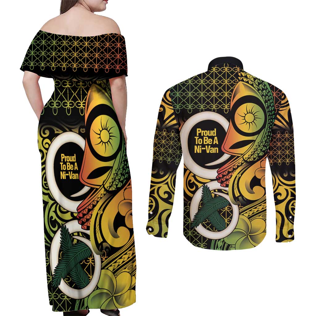 Vanuatu 1980 Couples Matching Off Shoulder Maxi Dress and Long Sleeve Button Shirt Ni-Van Tamtam Sand Drawing Pattern