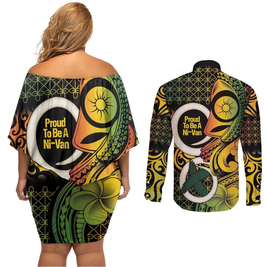 Vanuatu 1980 Couples Matching Off Shoulder Short Dress and Long Sleeve Button Shirt Ni-Van Tamtam Sand Drawing Pattern
