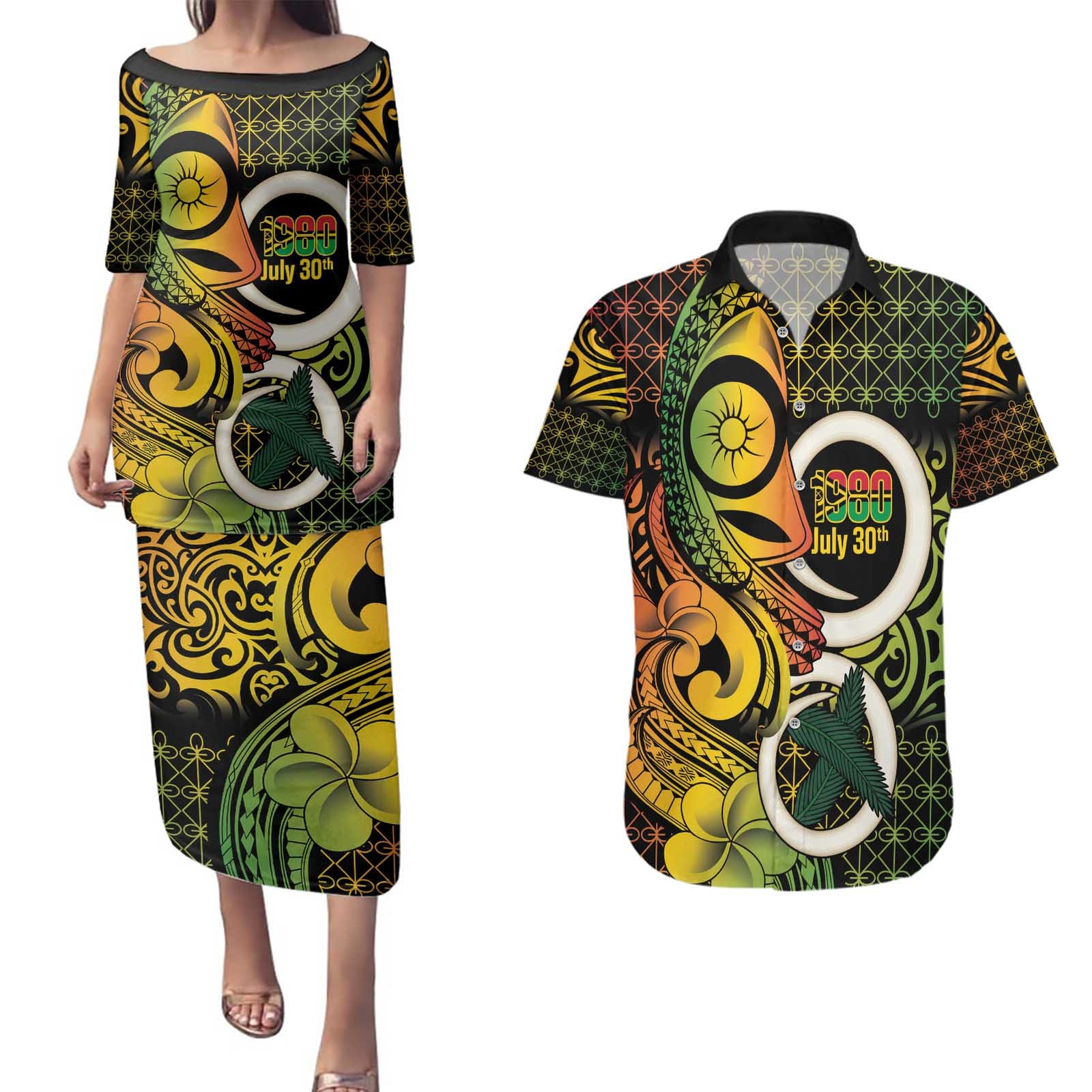 Vanuatu 1980 Couples Matching Puletasi and Hawaiian Shirt Ni-Van Tamtam Sand Drawing Pattern