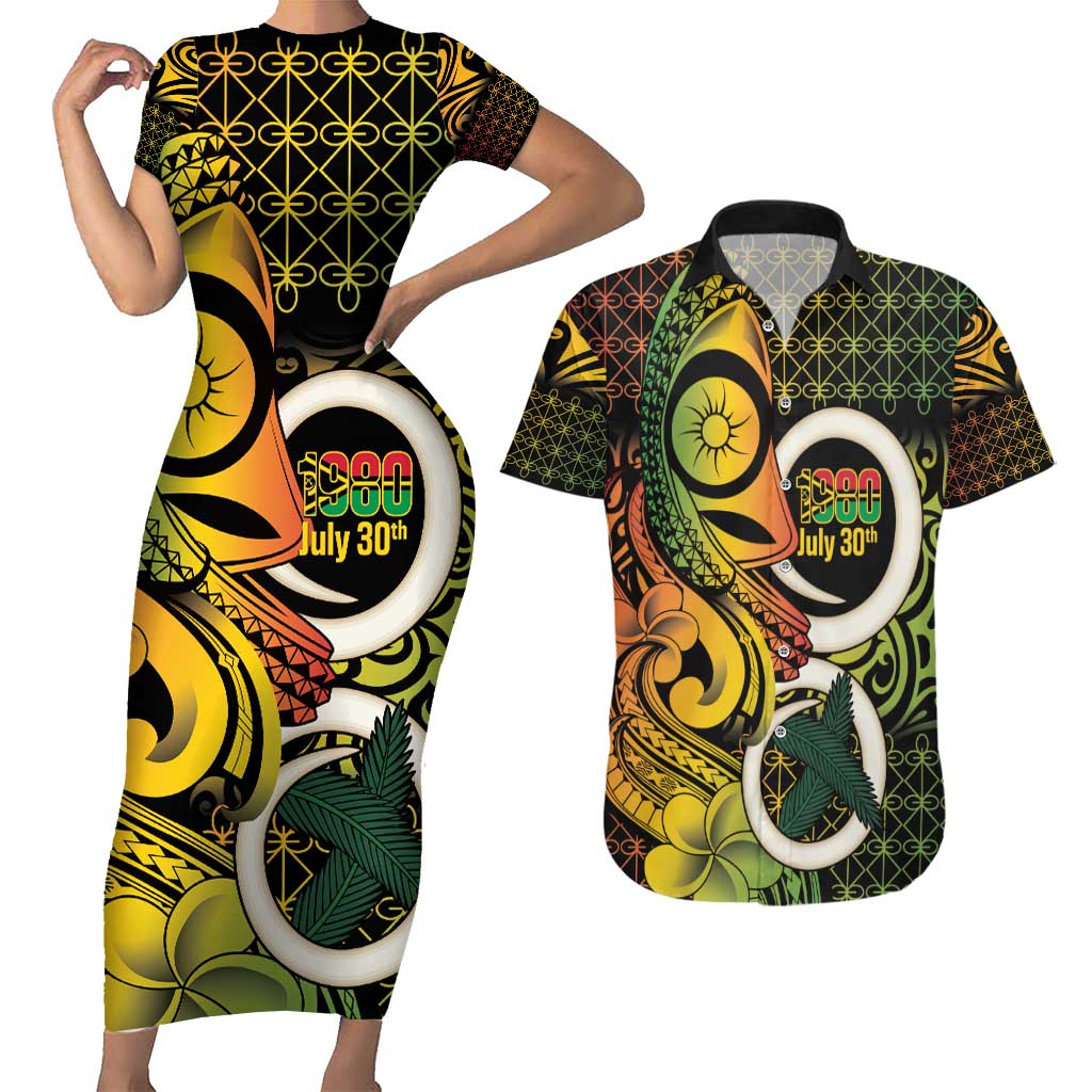 Vanuatu 1980 Couples Matching Short Sleeve Bodycon Dress and Hawaiian Shirt Ni-Van Tamtam Sand Drawing Pattern