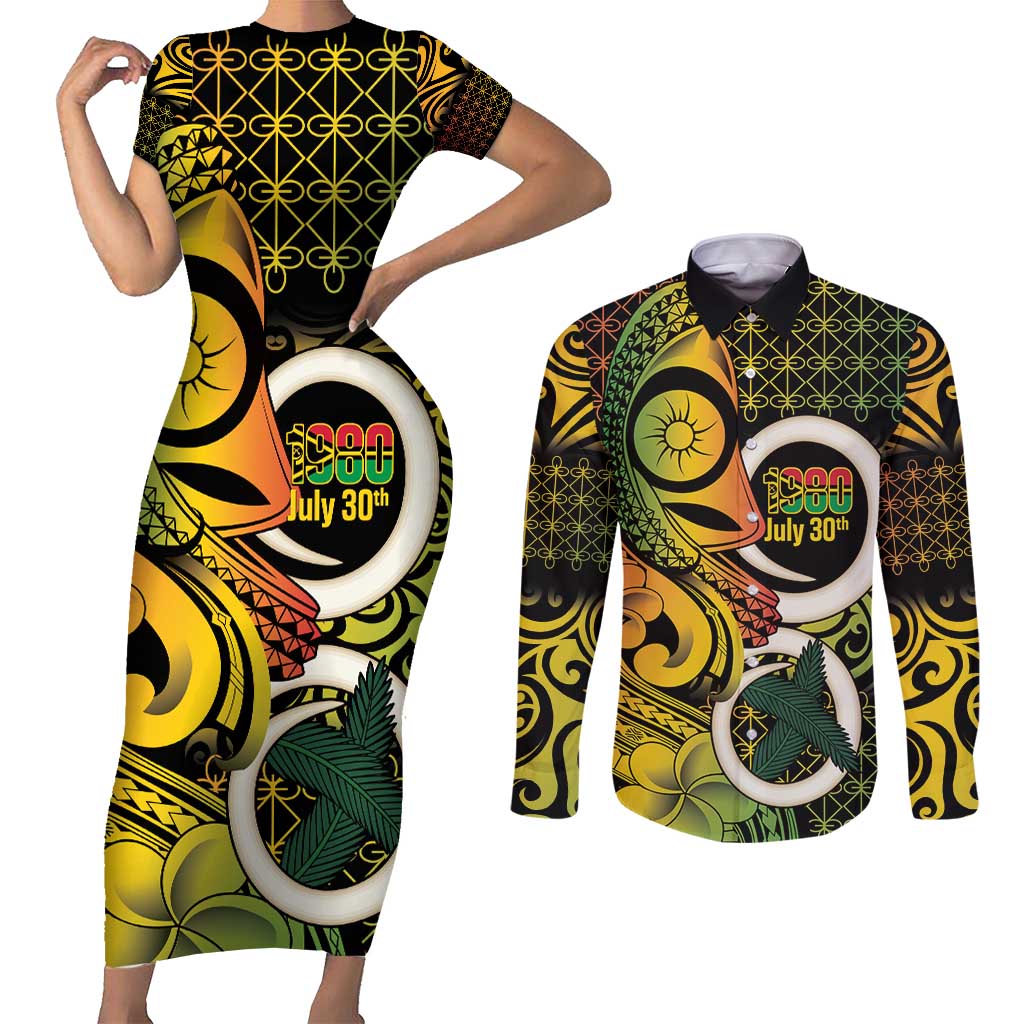 Vanuatu 1980 Couples Matching Short Sleeve Bodycon Dress and Long Sleeve Button Shirt Ni-Van Tamtam Sand Drawing Pattern