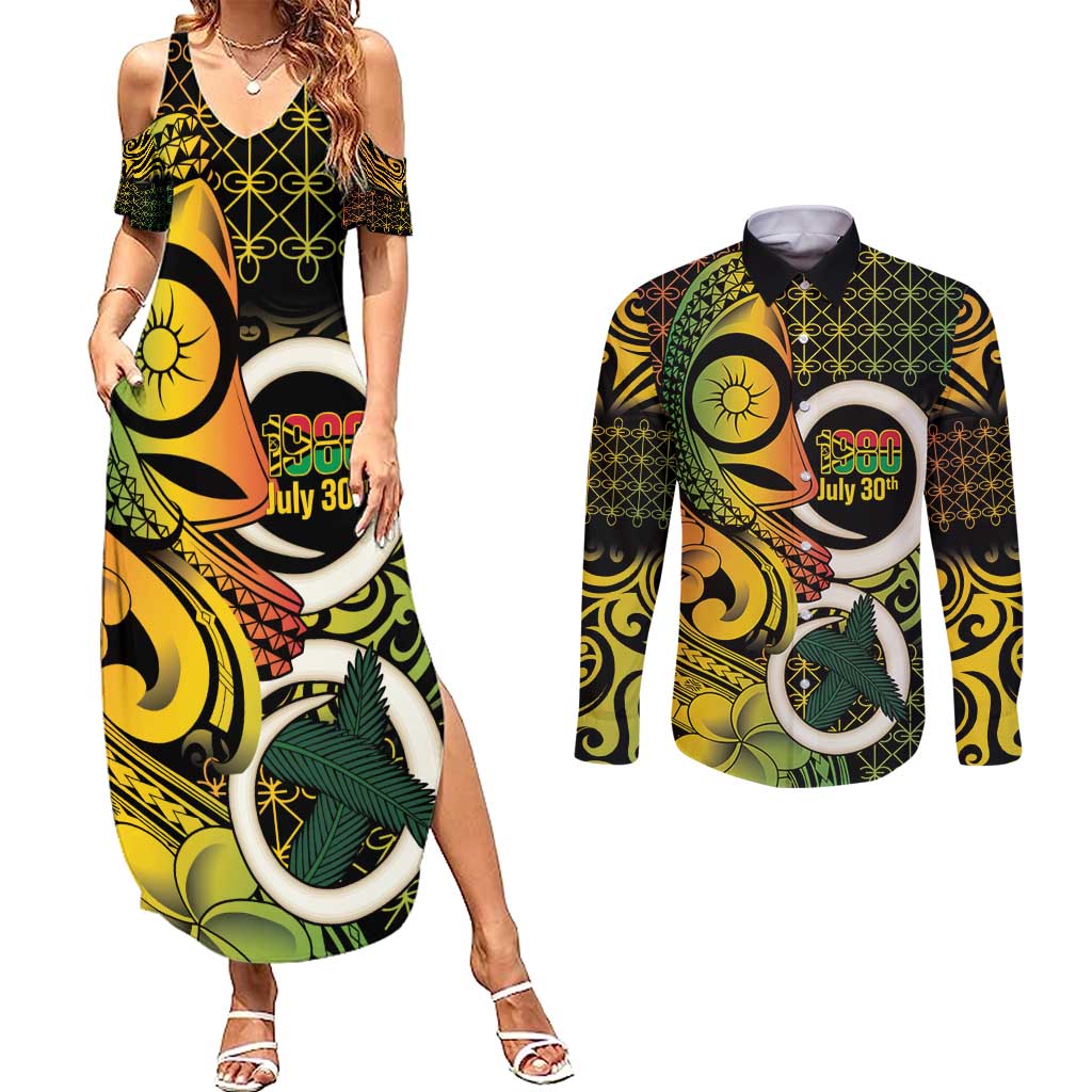 Vanuatu 1980 Couples Matching Summer Maxi Dress and Long Sleeve Button Shirt Ni-Van Tamtam Sand Drawing Pattern