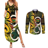 Vanuatu 1980 Couples Matching Summer Maxi Dress and Long Sleeve Button Shirt Ni-Van Tamtam Sand Drawing Pattern