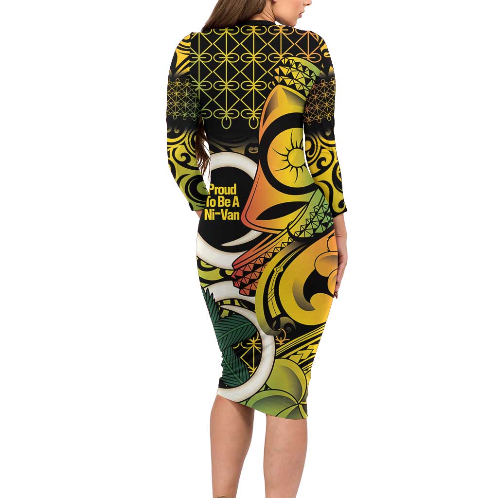 Vanuatu 1980 Family Matching Long Sleeve Bodycon Dress and Hawaiian Shirt Ni-Van Tamtam Sand Drawing Pattern LT14 - Polynesian Pride