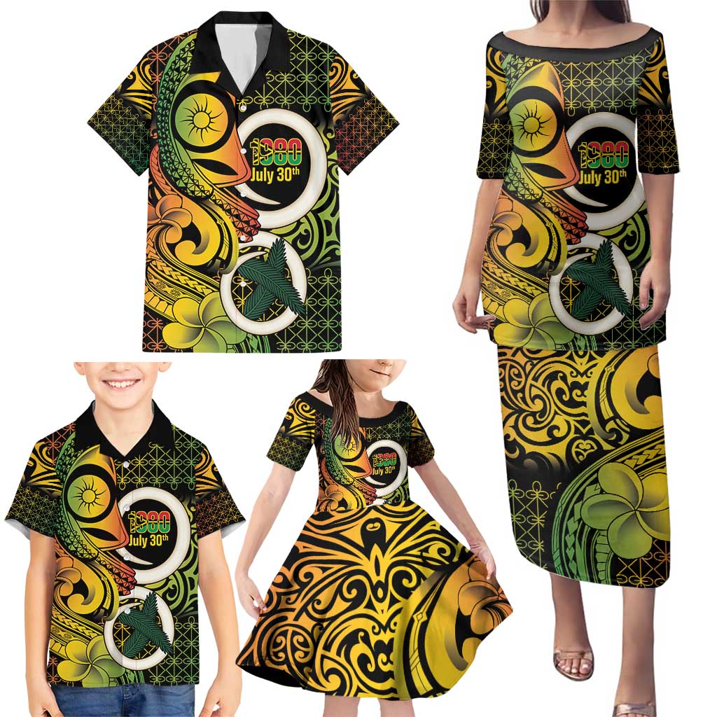 Vanuatu 1980 Family Matching Puletasi and Hawaiian Shirt Ni-Van Tamtam Sand Drawing Pattern