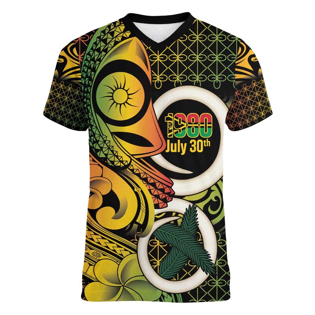 Vanuatu 1980 Women V-Neck T-Shirt Ni-Van Tamtam Sand Drawing Pattern