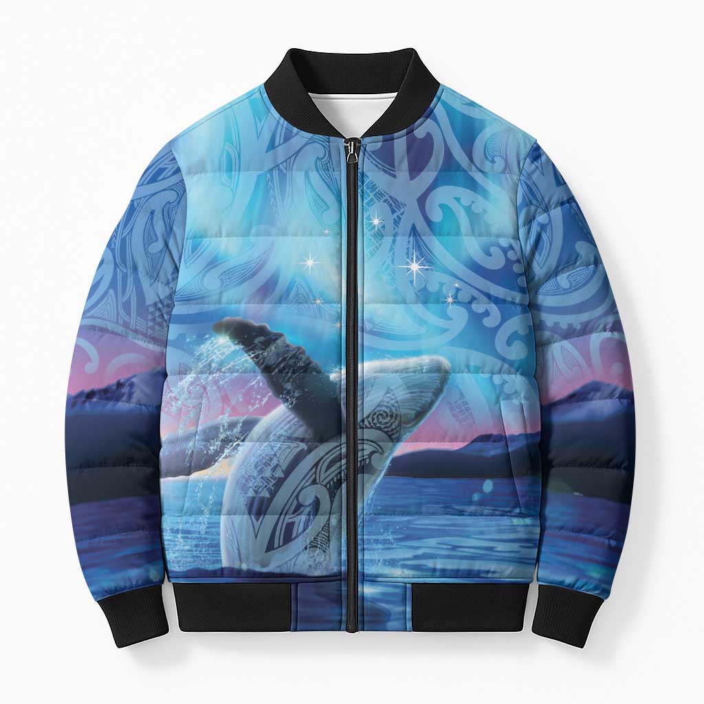 New Zealand Matariki Humpback Whale Bomber Puffer Jacket Paikea Maori New Year Blue Galaxy